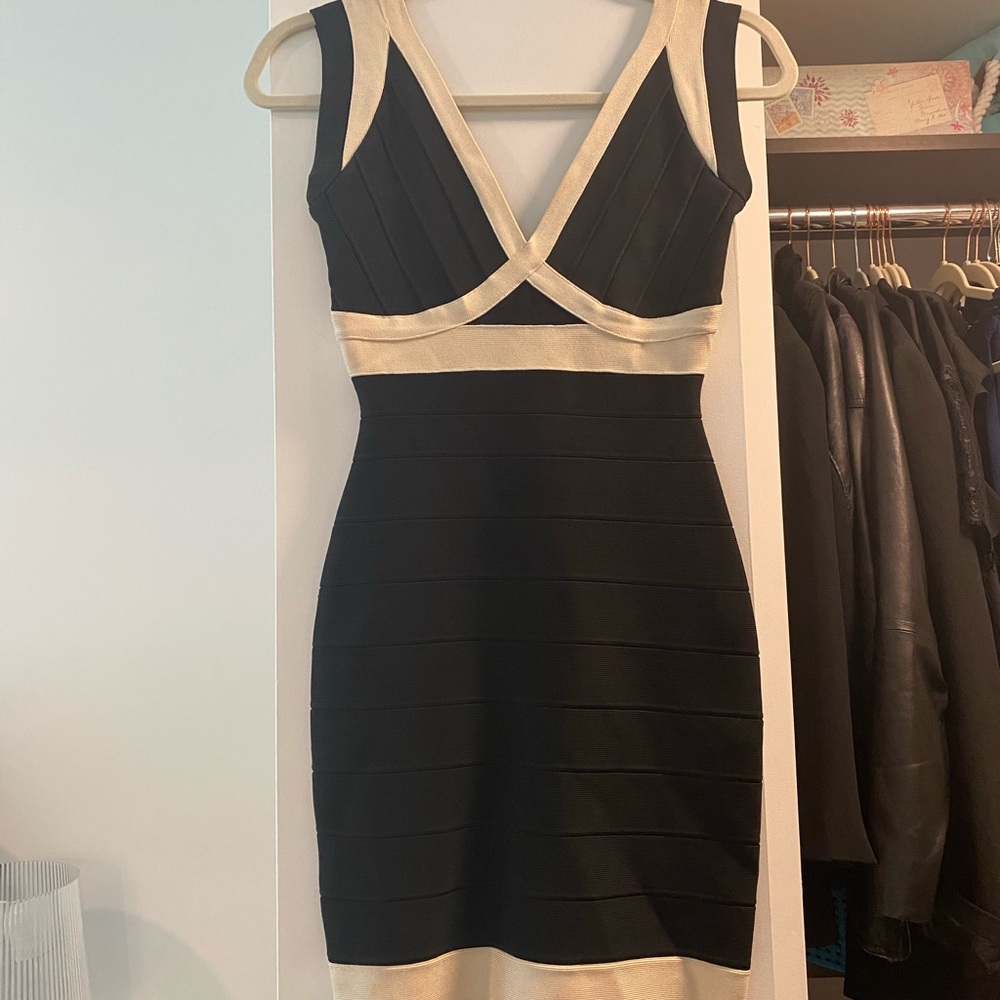 Herve Leger black and white/ivory bandage dress